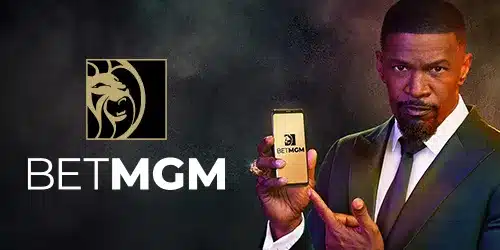BetMGM mobile banner featuring an elegant man holding a smartphone displaying the sportsbook platform