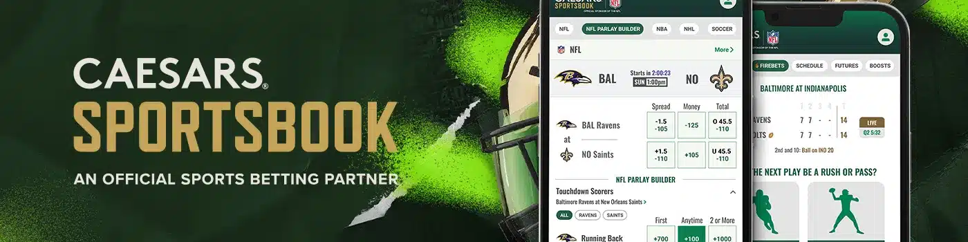 Caesars main banner featuring two smartphones displaying the betting platform options