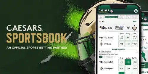 Caesars mobile banner featuring two smartphones displaying the betting platform options