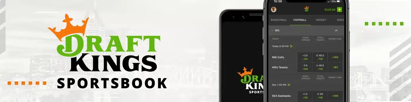 DraftKings main image featuring a crown alongside smartphones displaying betting options