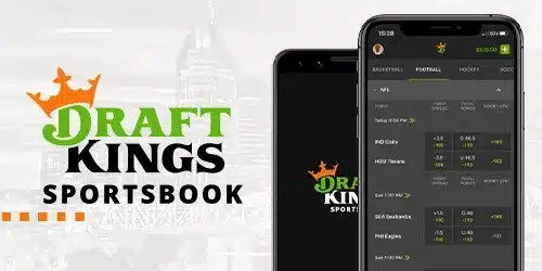 DraftKings mobile image featuring a crown alongside smartphones displaying betting options