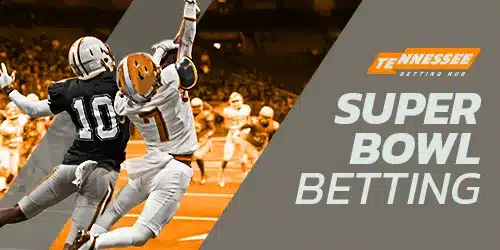 Tennesseebettinghub Super Bowl betting mobile banner featuring professional American football players in action.