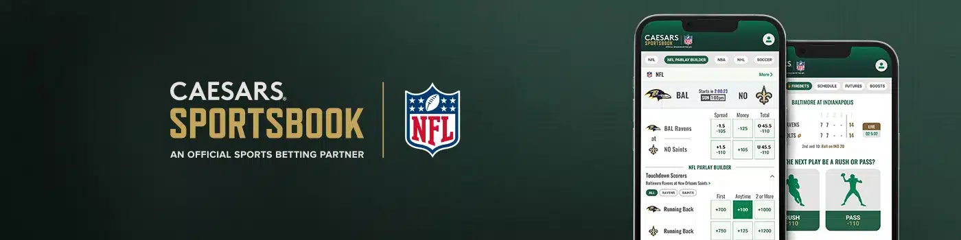 Caesars desktop banner showcasing their status as the official sports betting partner for the NFL, featuring two smartphones displaying the mobile app