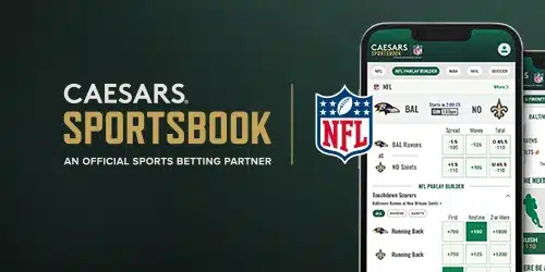 Caesars mobile banner showcasing their status as the official sports betting partner for the NFL, featuring two smartphones displaying the mobile app