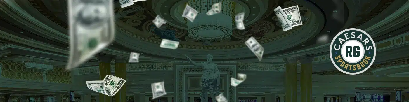 Caesars Sportsbook banner showcasing a multiple choice of winnings, symbolized by flying dollar banknotes, with a marble statue in the background