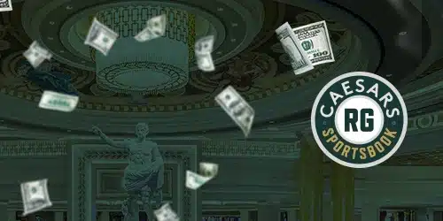 Caesars Sportsbook mobile banner showcasing a multiple choice of winnings, symbolized by flying dollar banknotes, with a marble statue in the background
