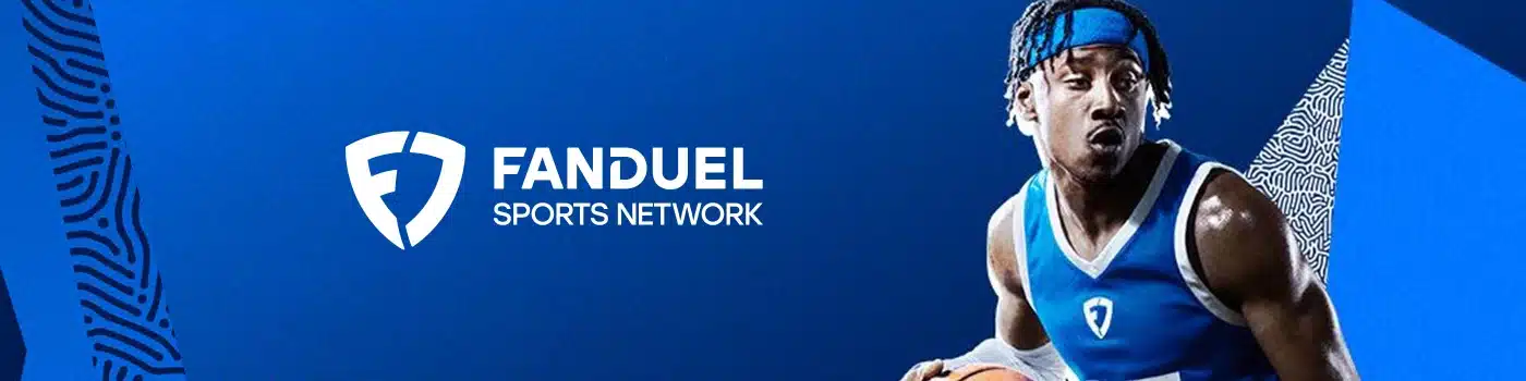 FanDuel Sportsbook Bonus desktop banner featuring a dynamic image of a basketball player in action, alongside the FanDuel logo.