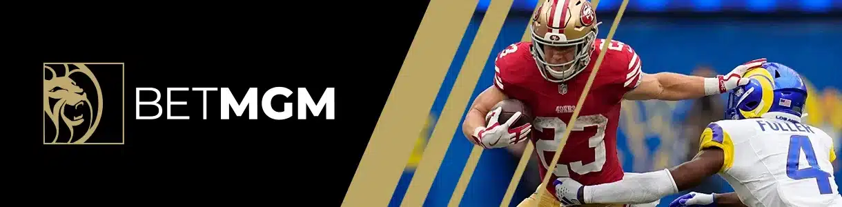 BetMGM sportsbook desktop banner featuring two American football players in action