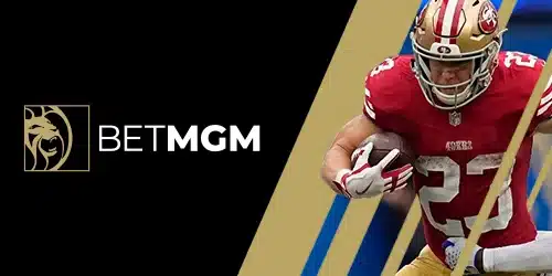 BetMGM mobile banner featuring two American football players in action