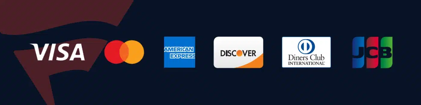 Fanatics sportsbook banking methods desktop banner showing logos of major credit card companies: Visa, Mastercard, American Express, Discover, Diners Club International, and JCB