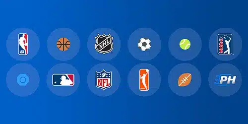 FanDuel sports market banner with the logos of different sports leagues and sports including NBA, NHL, MLB, NFL, PGA Tour, soccer, tennis